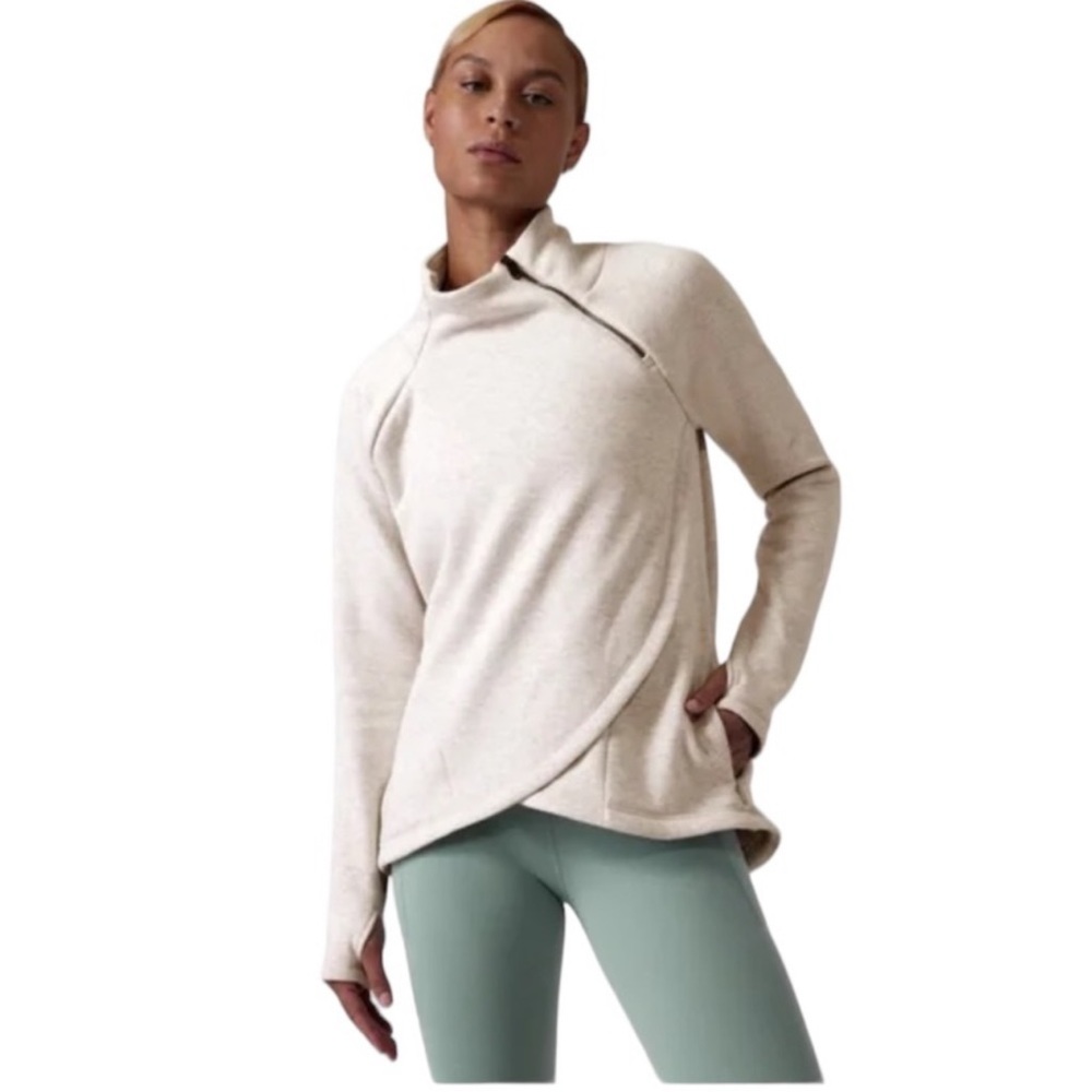 Athleta Cozy Karma pullover with ROSE GOLD zipper, oatmeal cream size small